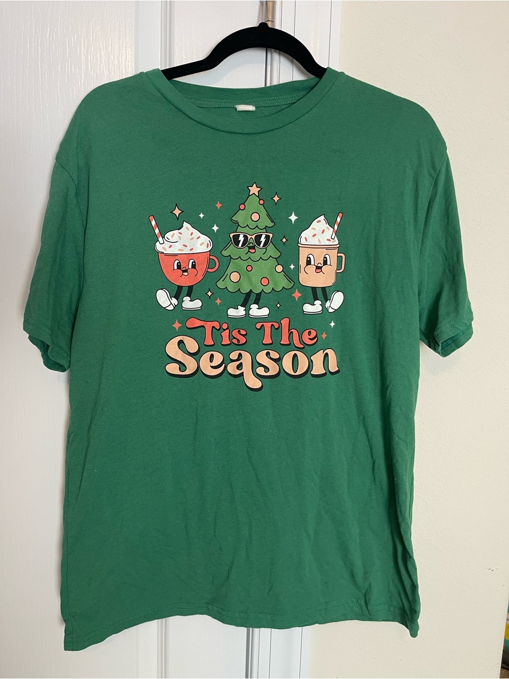 Tis The Season Christmas Tree Coffee Cocoa Graphic Tee Green Size L